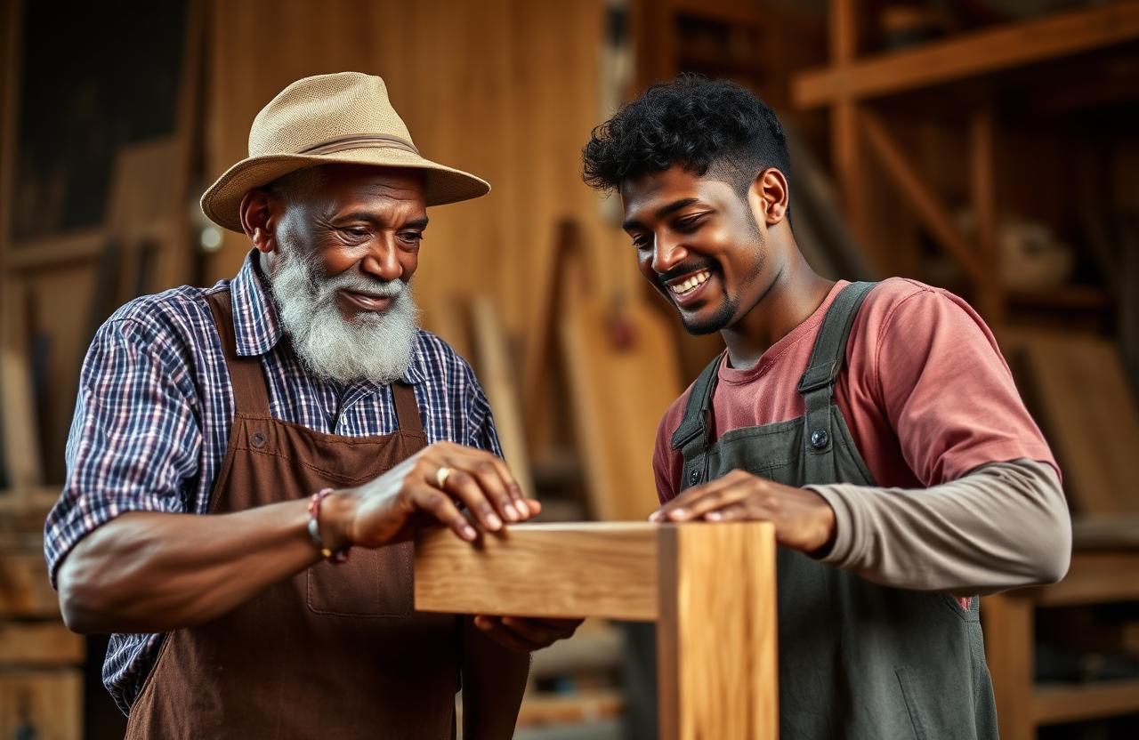 The Woodsmith team examining a piece of furniture in the workshop