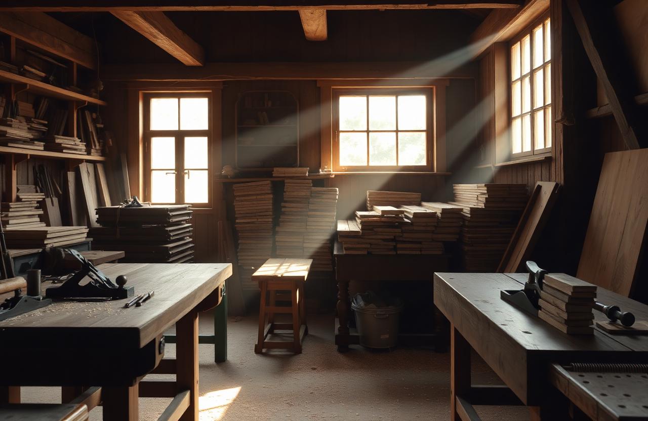 Inside the Woodsmith workshop — workbenches, hand tools and stacked timber